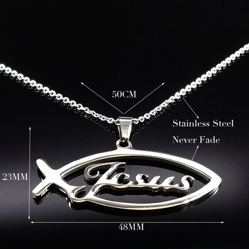 Stainless Steel Jesus Necklaces Fish Christian Christianity Ichthys Fish Pendant Necklaces Jewelry Women or Men collares N17168B: Silver long