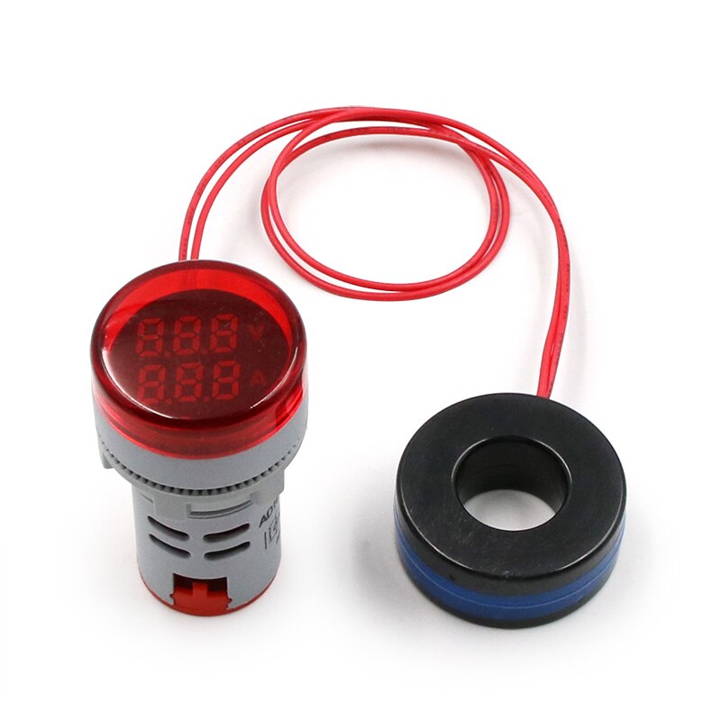 Mini voltímetro Digital redondo amperímetro 22mm AC 20-500V 0-100A Amp Volt probador de voltaje medidor de doble LED indicador de luz piloto: Rojo