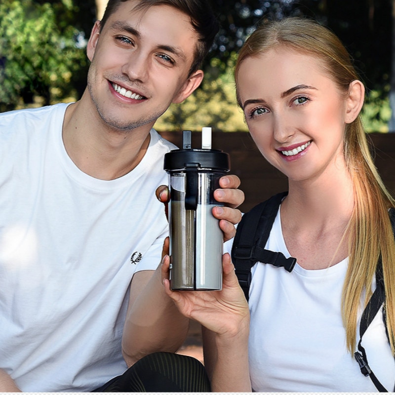 Handige dubbele drinkbeker met rietje, grote inhoud, mannelijke en vrouwelijke studentenbeker, kinderbeker, dubbele handgreepbeker