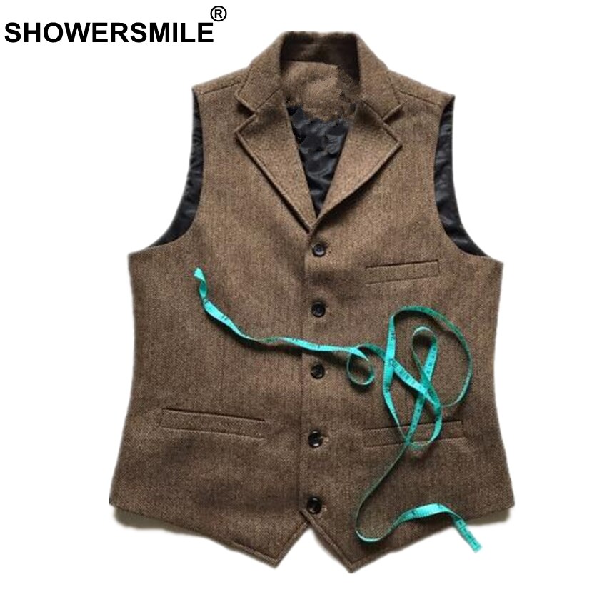 SHOWERSMILE Vintage Tweed Vest Herringbone Striped Suit Vest Light Brown Waistcoat Vest Slim Fit Sleeveless Jacket Gilet Homme