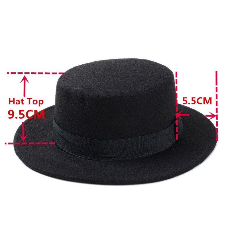 Brand Wool Boater Flat Top Hat For Women's Felt Wide Brim Fedora Hat Laday Prok Pie Chapeu de Feltro Bowler Gambler Top Hat