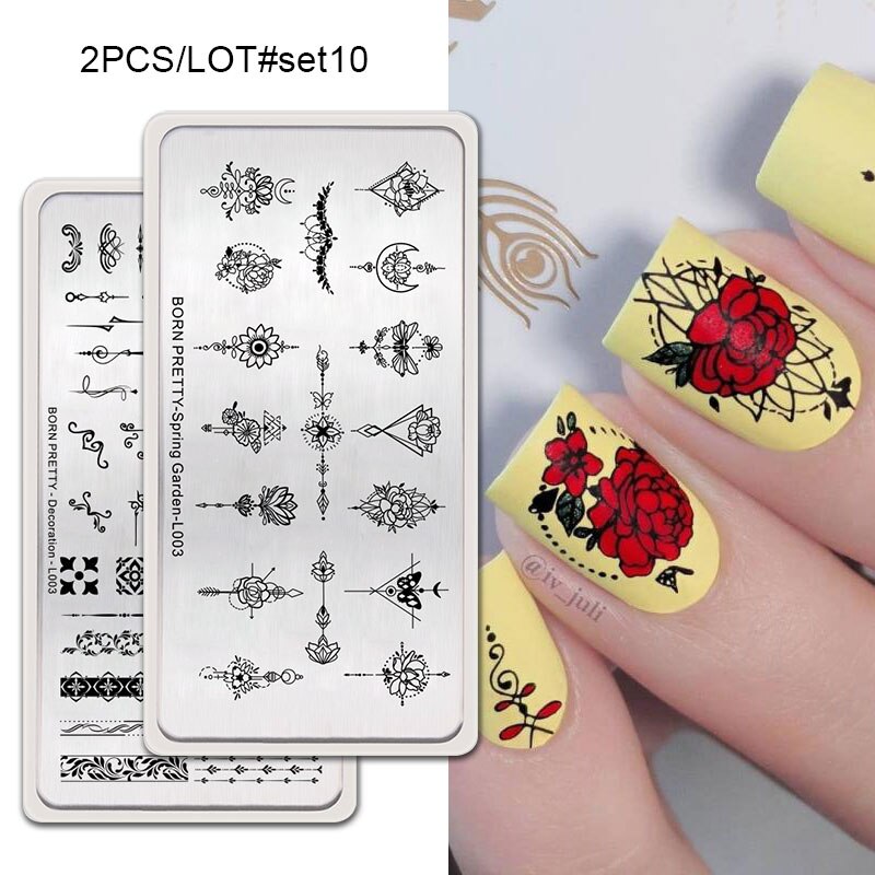 GEBOREN ZIEMLICH 2Pcs Nagel Stanzen Platten Set Rechteck Blume Geometrische Muster Nail art Bild Stempel Vorlage DIY Maniküre: 2Pcs-Set10