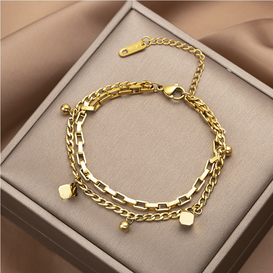 316L Stainless Steel Fine Jewelry Gold Color Hip-hop Multi-element Thick Chain Geometric Beaded Bracelet For women