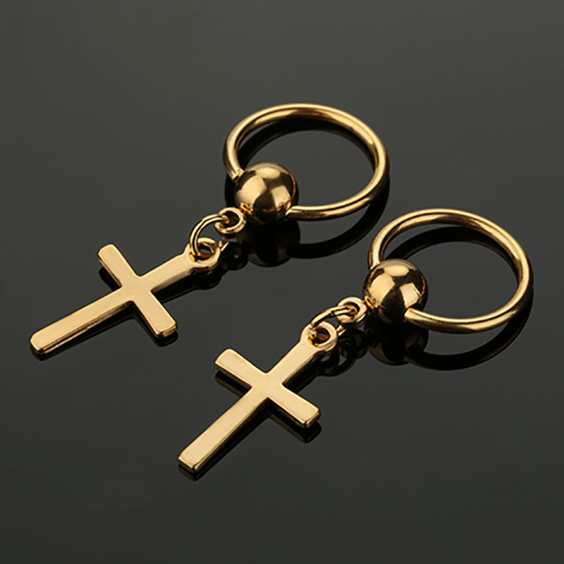 1 Pairs Hip-Hop Cross Earrings Stainless Steel Dangle Earring for Men Boy Punk Male Jewelry: Gold