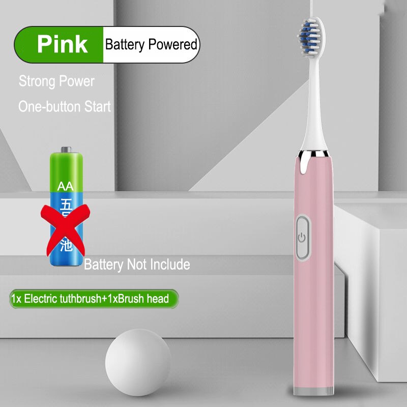 Electric Toothbrush Battery Power Washable Whitening Relax Teeth Brush Ultrasonic Electric Toothbruth USB Rechargeable Adult: Pink 1 head