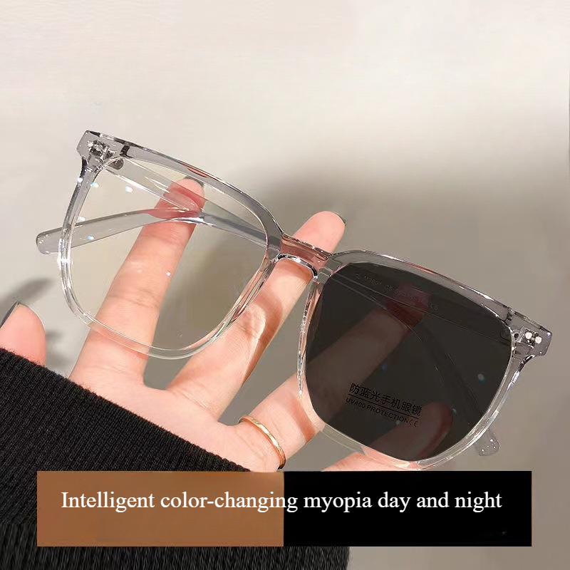 Photochromic Myopia Glasses Man Woman Square Anti Blue Light Finished Prescription Eyewear Ultralights Retro Glasses: SKY BLUE / +300