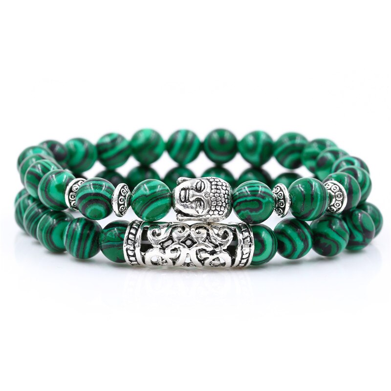 2PCS/Set Buddha Head Charm Natural 8mm Stone Beads Bracelet Sets For Women Men Braiding Macrame Bracelet Set Charm Bangle: BA-053(13)