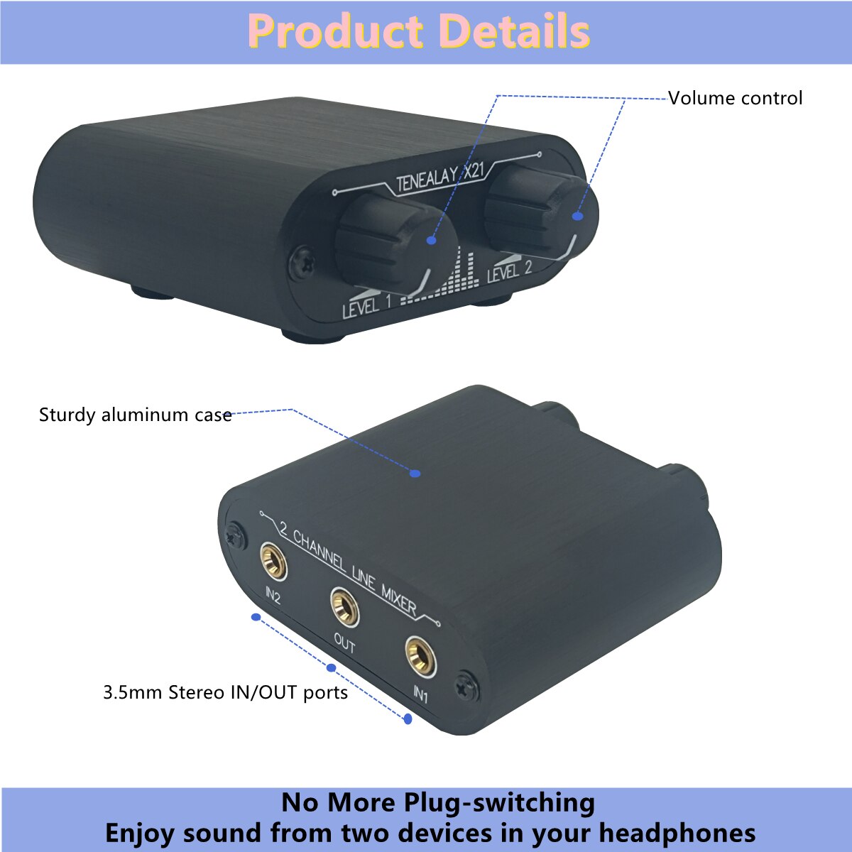 (X21) 2 Way Audio mixer 3.5mm Un-powered mixer, 2 to 1 Stereo aux 3.5mm line levels control Box mini passive mixer