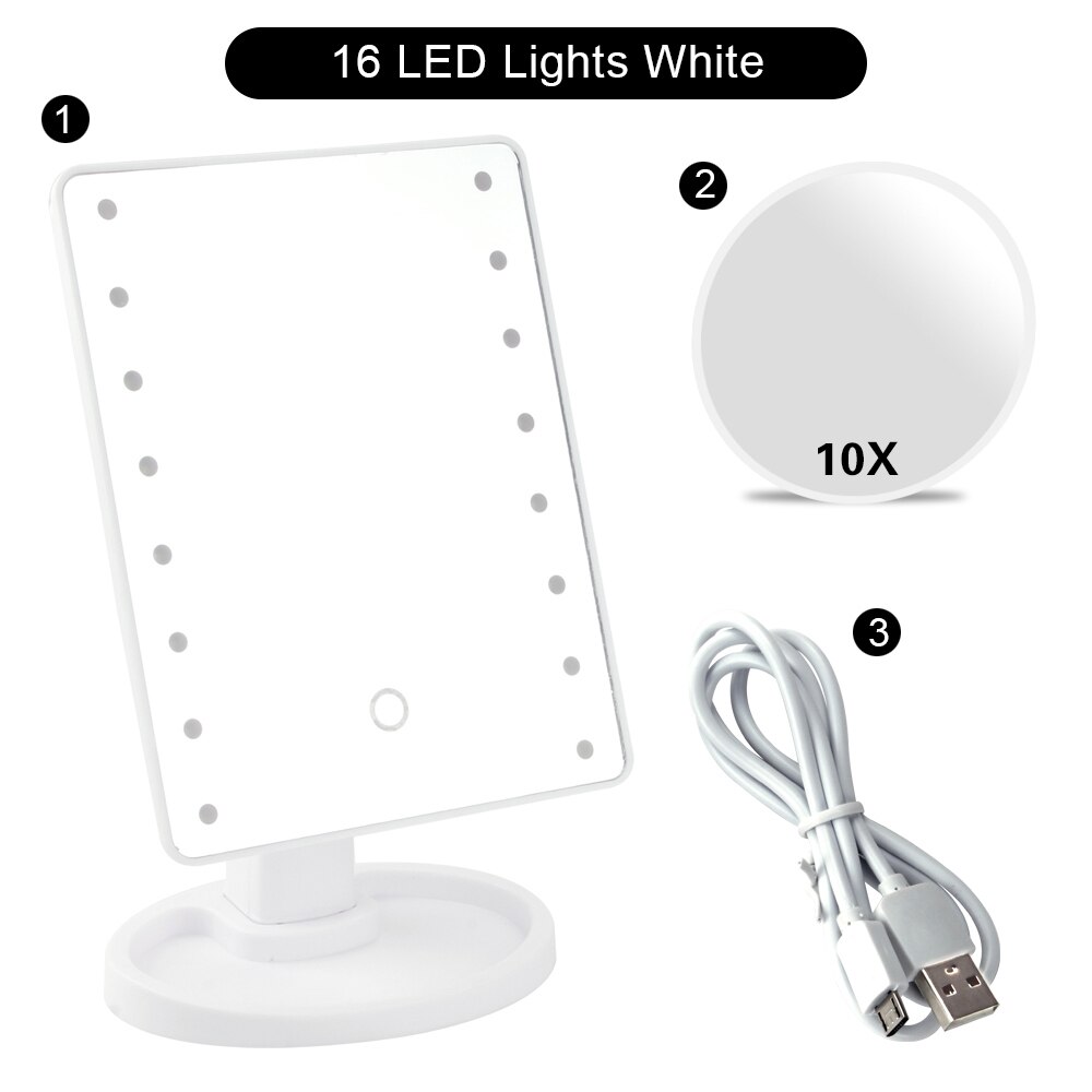 Kaptafelspiegel met verlichting, 16/22 led-helder touchscreen, flexibele cosmetische spiegel met vergrootglas , 10x 1x kaptafelspiegels: Wh 16 lampen set a