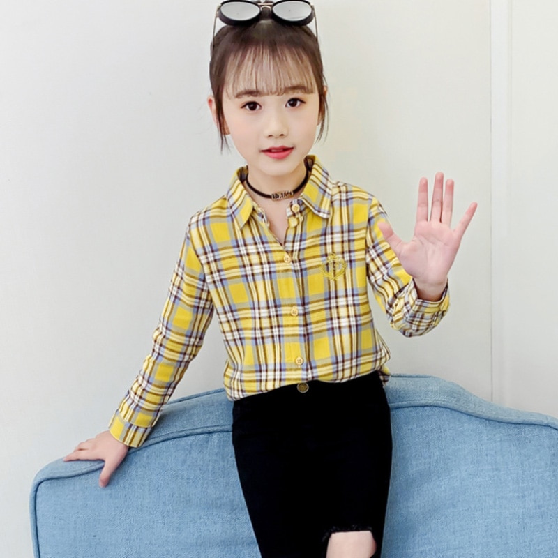 Geruite blouse voor meisjes kinderblouse lange mouw lente casual tiener tops omslagkraag katoenen kindershirts