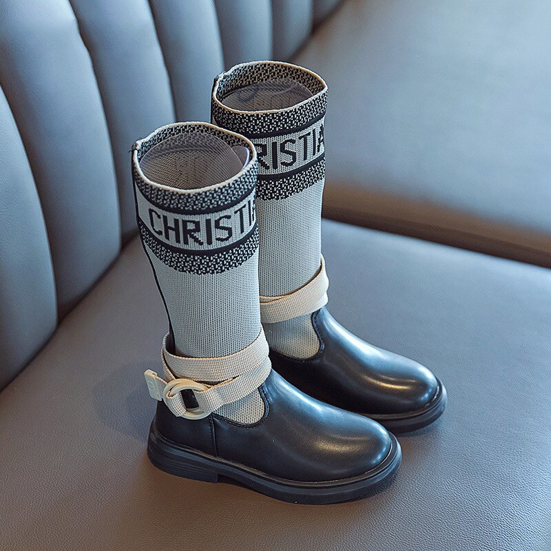 Outono crianças botas na altura do joelho botas altas do bebê meninas botas pretas crianças marca meias sapatos moda sapatos macios deslizamento em botas vestido sapatos: Bege / 3.5