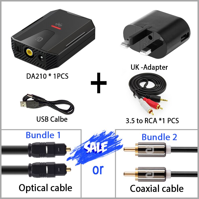 Digitale Audio Analoog Converter Bluetooth 5.0 Optical Toslink Coaxiale Signaal Naar Rca R/L Audio Decoder Spdif Atv dac Versterker: DA210 UK / Bundle 1
