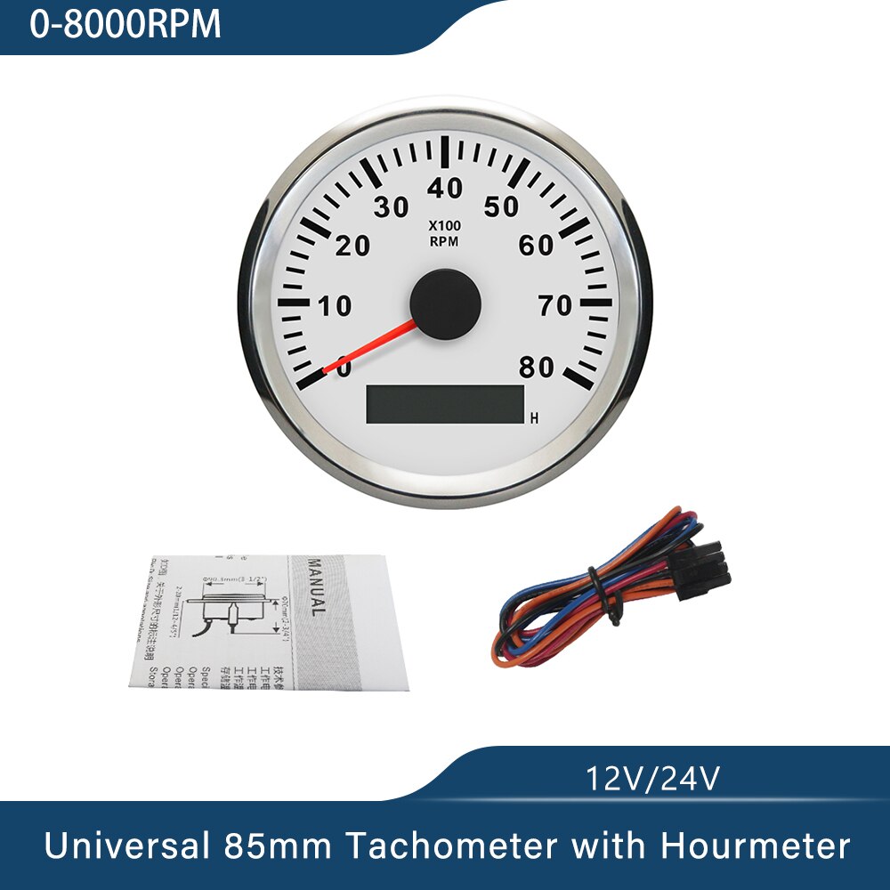 Universal 85mm Tachometer Engine RPM REV Counter with Hourmeter 9-32V with Red Backlight: 8K-WS