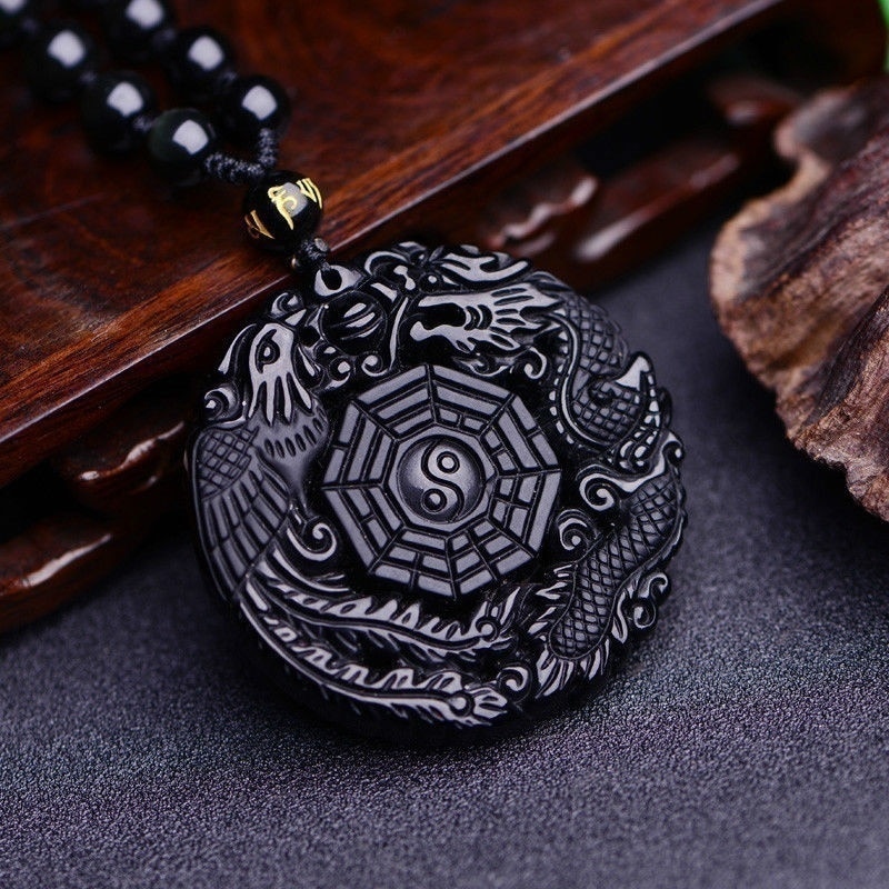 Natural Black Obsidian Dragon Phoenix Pendant Beads Necklace Charm Jewellery Hand-Carved Amulet for Her Women Men