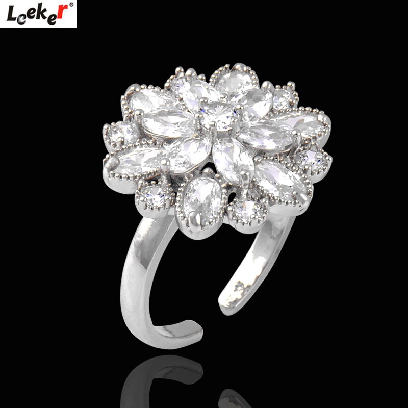 LEEKER Crystal Flower Rings For Women Silver Color Adjustable Size Ring Jewelry Accessories 686 LK7