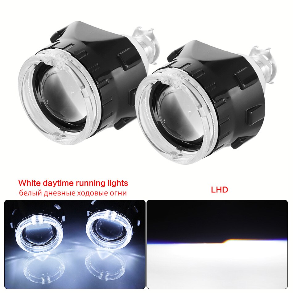 Aileo 2x 2.5 tommer led angel eyes bi-xenon projektor linse kørelys drl  h4 h7 h11 bil retrofit styling brug  h1 lys universal: Sort hvid lhd
