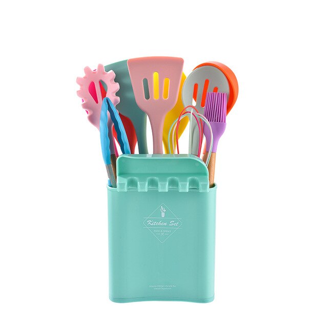 Silicone Cooking Utenils Spatula Spoon Kitchen set Wooden Handle Silicone Kitchenware Set on-Stick Cooker Cooking Spoon: Colorful