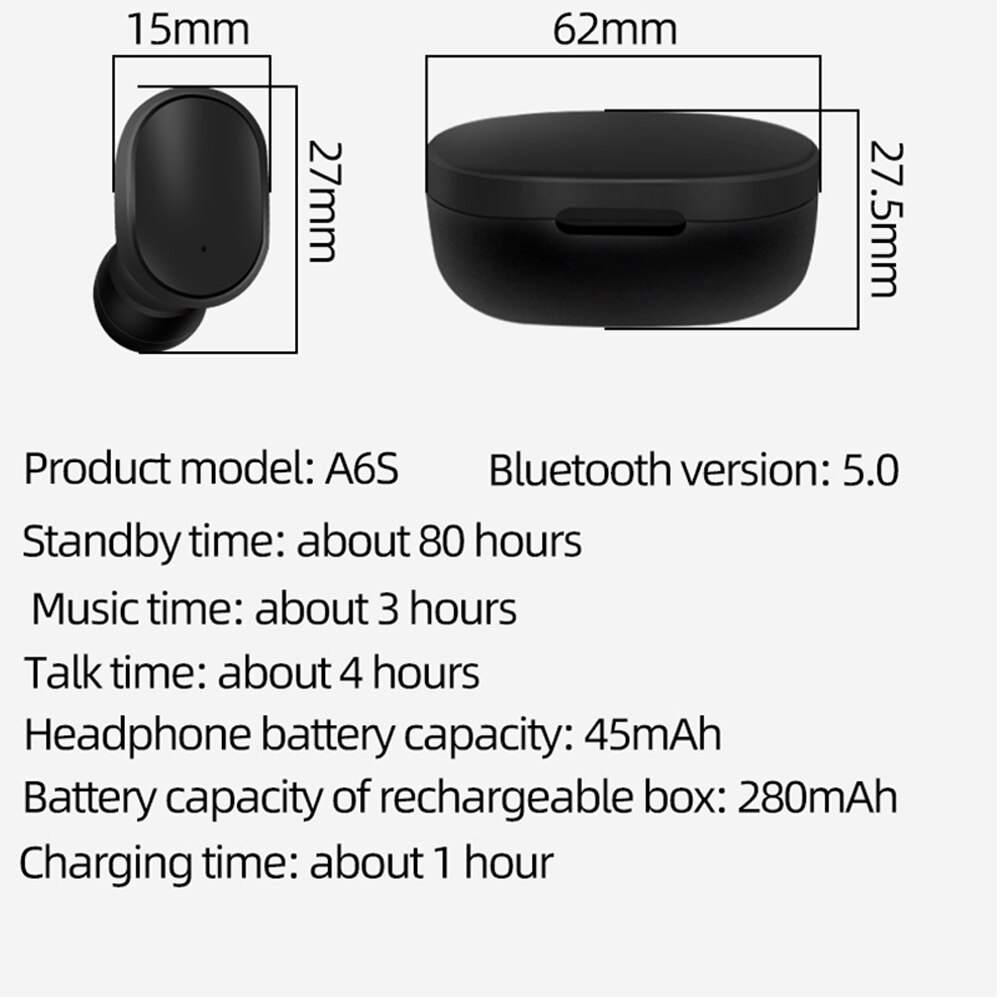 A6S Tws Bluetooth 5.0 Draadloze Koptelefoon Stereo Noise Cancelling Mini Sport Oordopjes Voor Xiaomi Redmi Airdots Draadloze Oordopjes