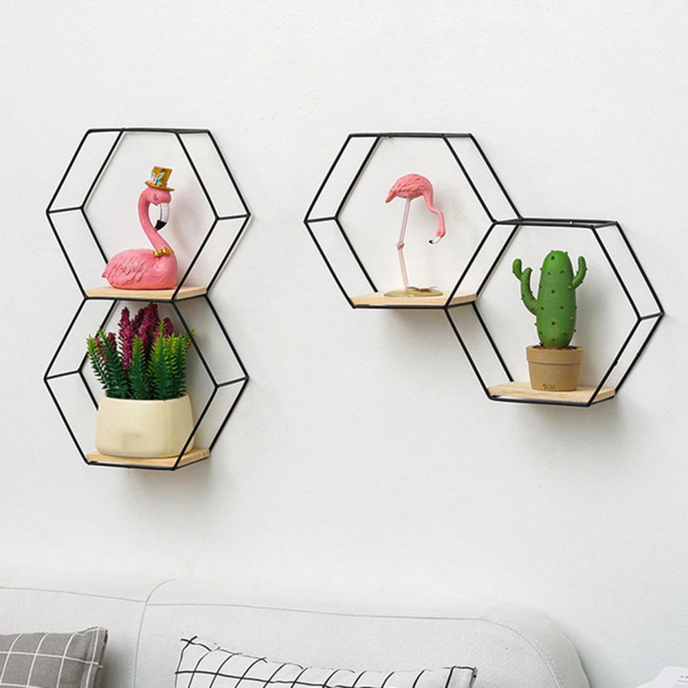 Iron Storage Holder Wall-mounted Multifunctional Nordic Style Geometric Firm Hexagonal Shelf for Home