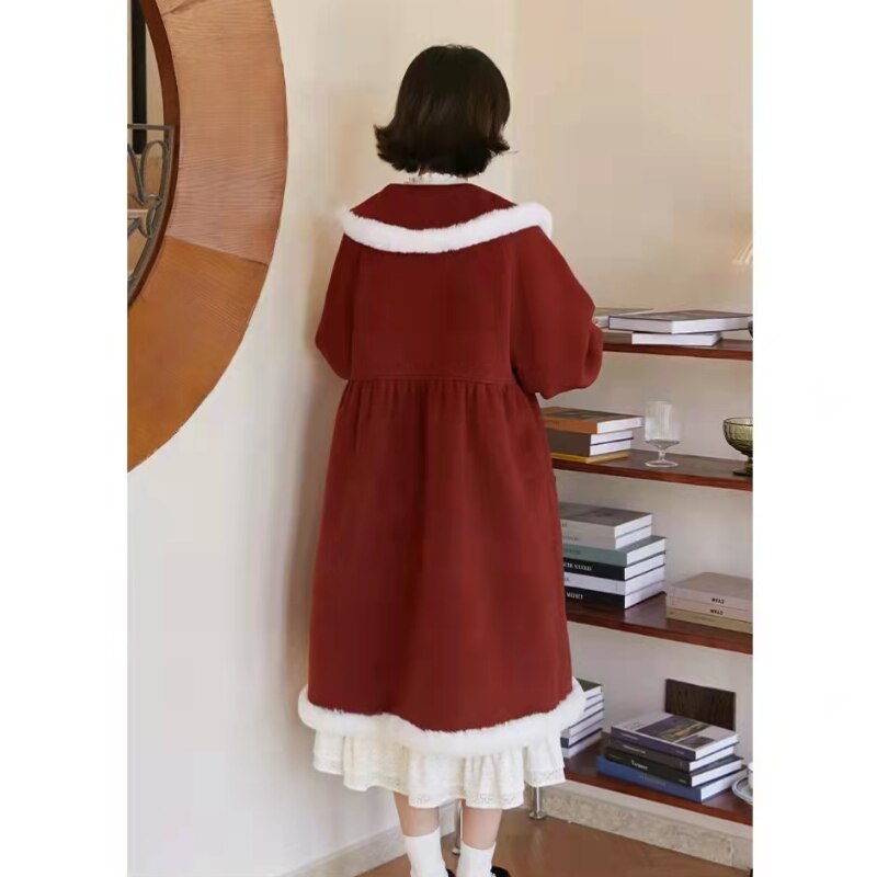 Winter Kawaii Wool Coat Women Patchwork Japanese Fur Sweet Warm Overcoat Female Korean Style Loose Trench Long Outwear Coat