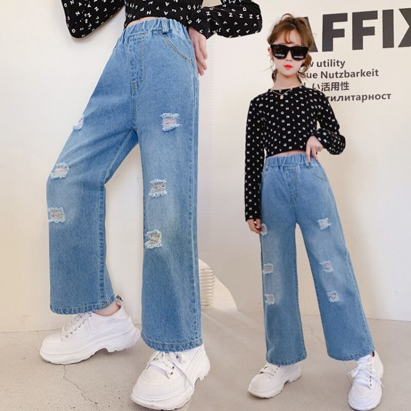 Girls Jeans Ripped Holes Children&#39;s Pants Soft Denim Pants Cotton Trousers Wide Straight-leg pants Jeans Kids Girls Jeans