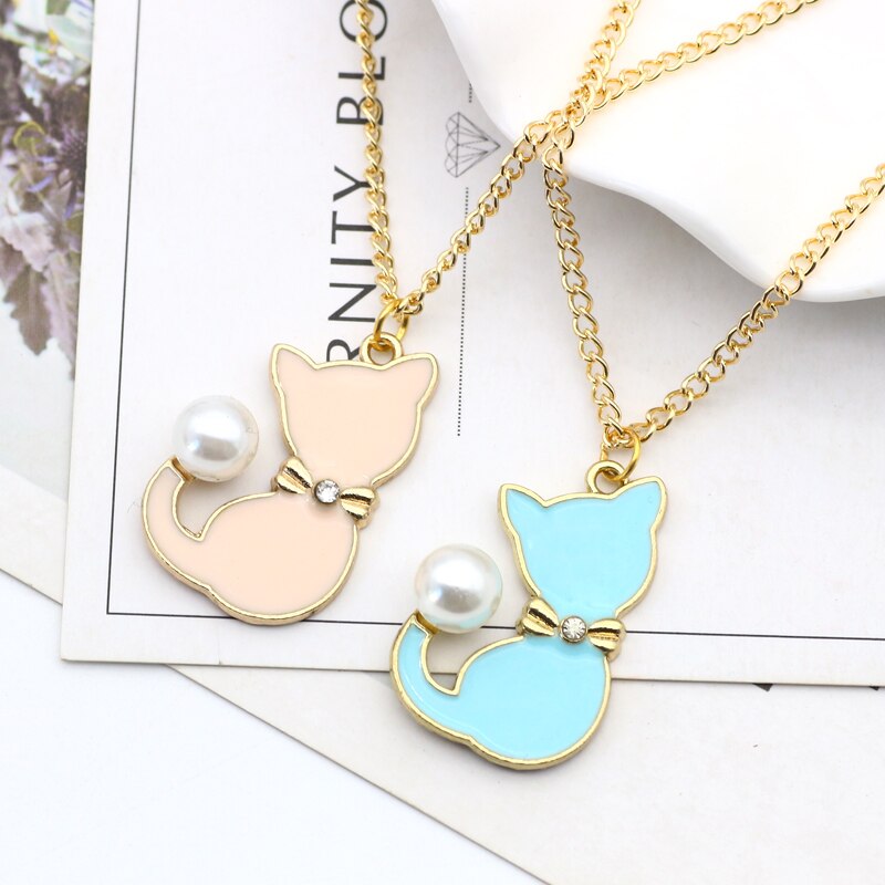 Emaille Kat Parel Staart Kettingen Schattige Animal Choker Ketting Voor Vrouwen Sieraden Colar