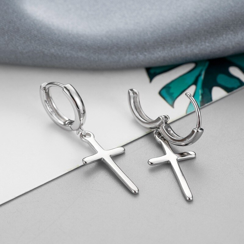 Personalidade cruz pingente hoop brinco 925 prata esterlina hypoallergenic orelha jóias para mulheres presentes