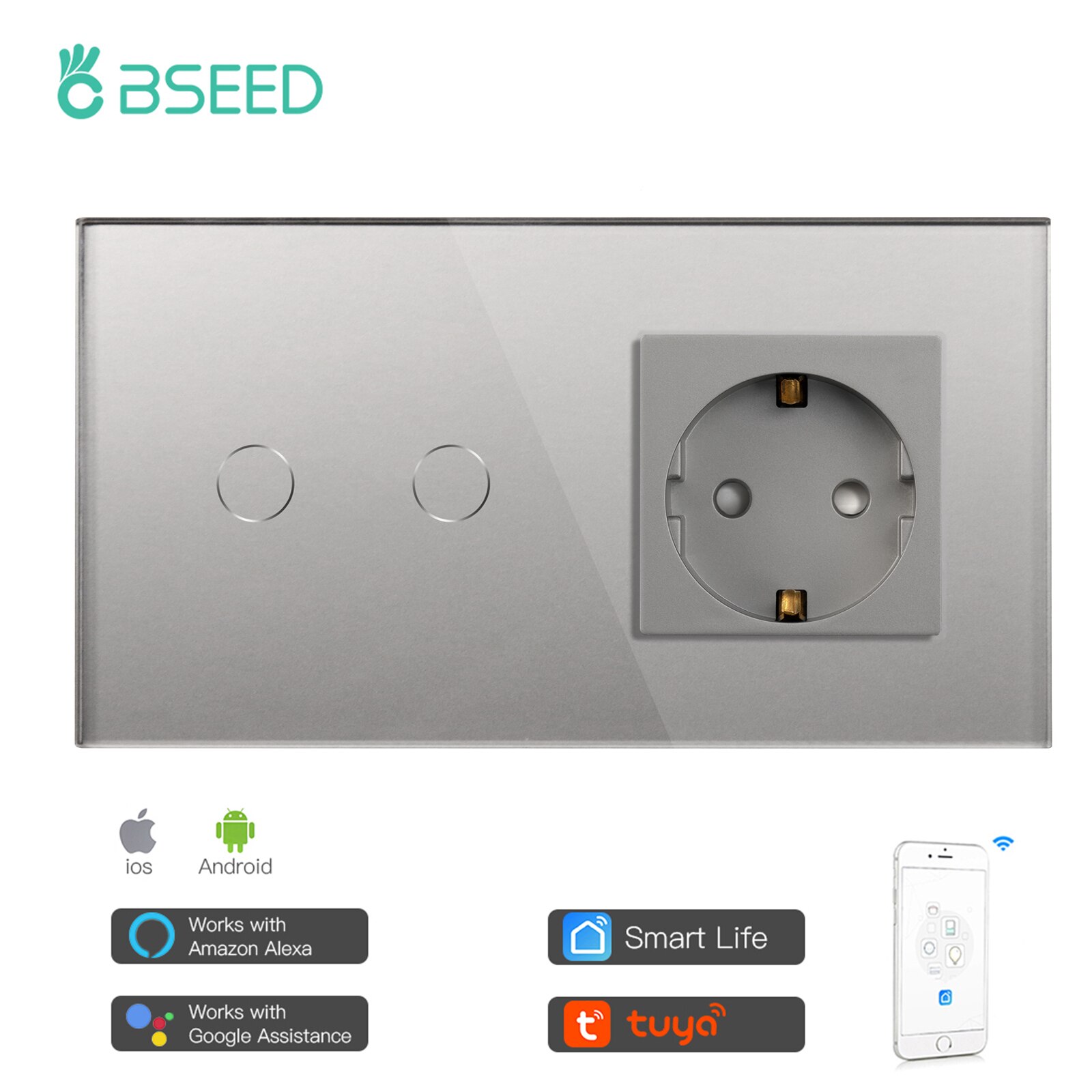 Bseed Mvava Wifi Touch Switch 1Gang 2Gang 3Gang Met Normale Eu Socket Zonder Wifi 3 Kleur Kristal glazen Paneel Smart Switch Alleen: Grey 2 Gang