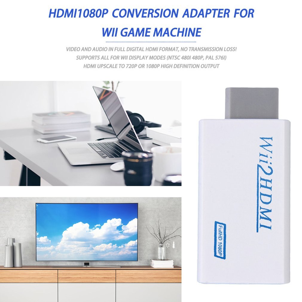 White Plastic Wii to HDMI Wii2HDMI Adapter Converter Full HD 1080P Output Upscaling 3.5mm Audio Video Output