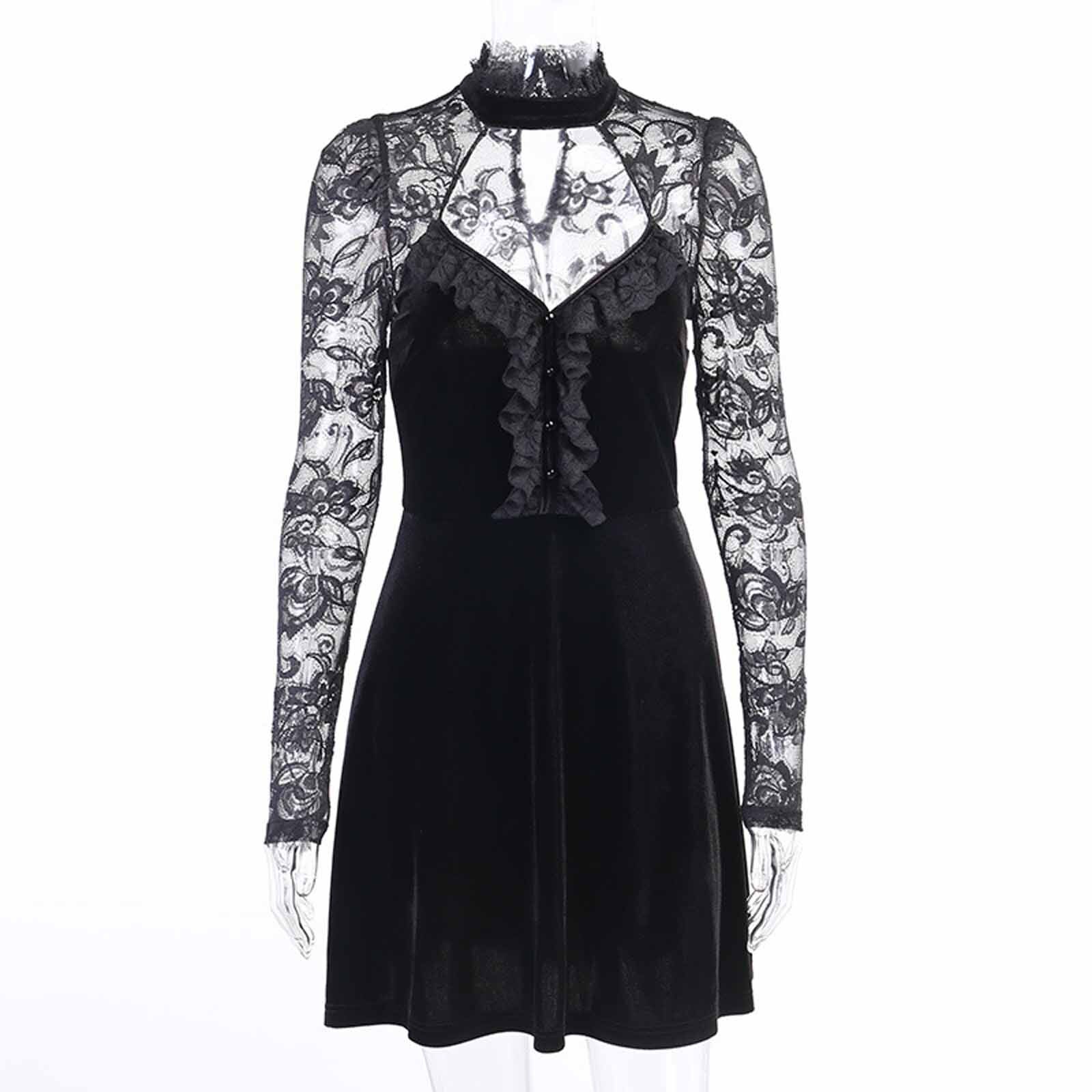 Women Gothic Dress Long Sleeve Hollow Out Lace Patchwork Punk Dress Autumn And Winter bodycon dress ropa de mujer