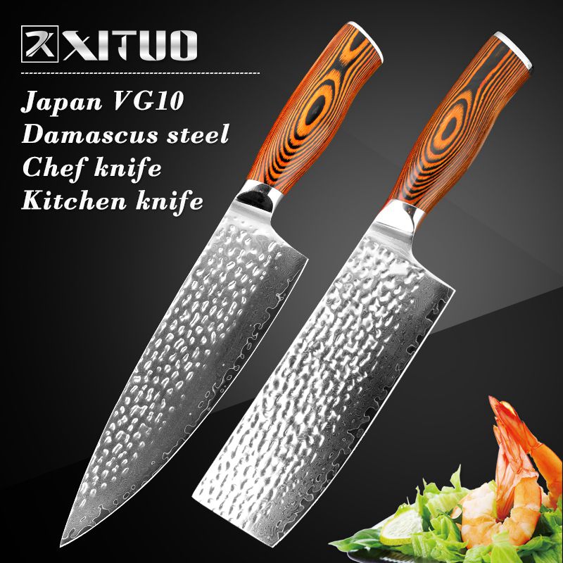 Xituo 7 + 8 "Inch Japanse Keuken Messen Damascus Staal Gesmeed Koksmes Houten Handvat Japan Staal Santoku Cleaver utility Messen