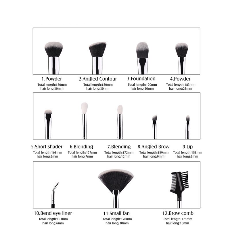 Zoreya merk 12 stuks zwarte make-up kwastenset foundation poeder blending oogschaduw bend eyeliner basis cosmetische kwasten