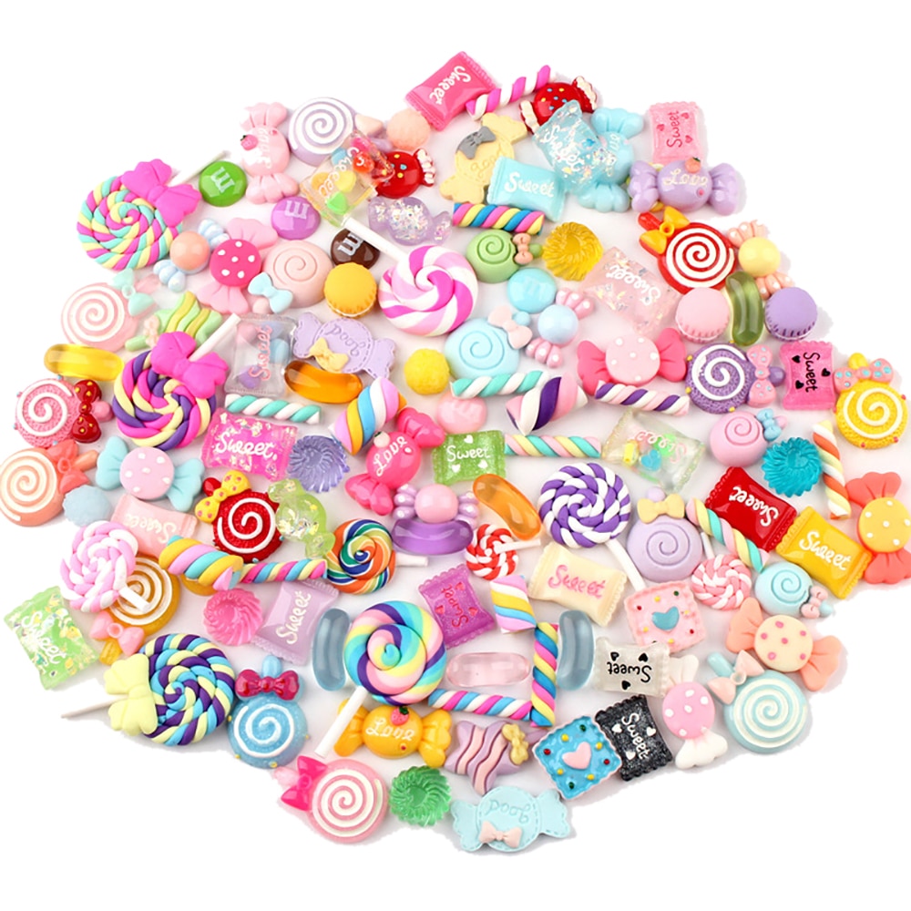 100 stks/zak Gemengde Hars Slime Candy Sweets Plaksteen Grabbelton Speelgoed DIY Kralen Scrapbooking Ambachten Pretend Play Boodschappen Speelgoed