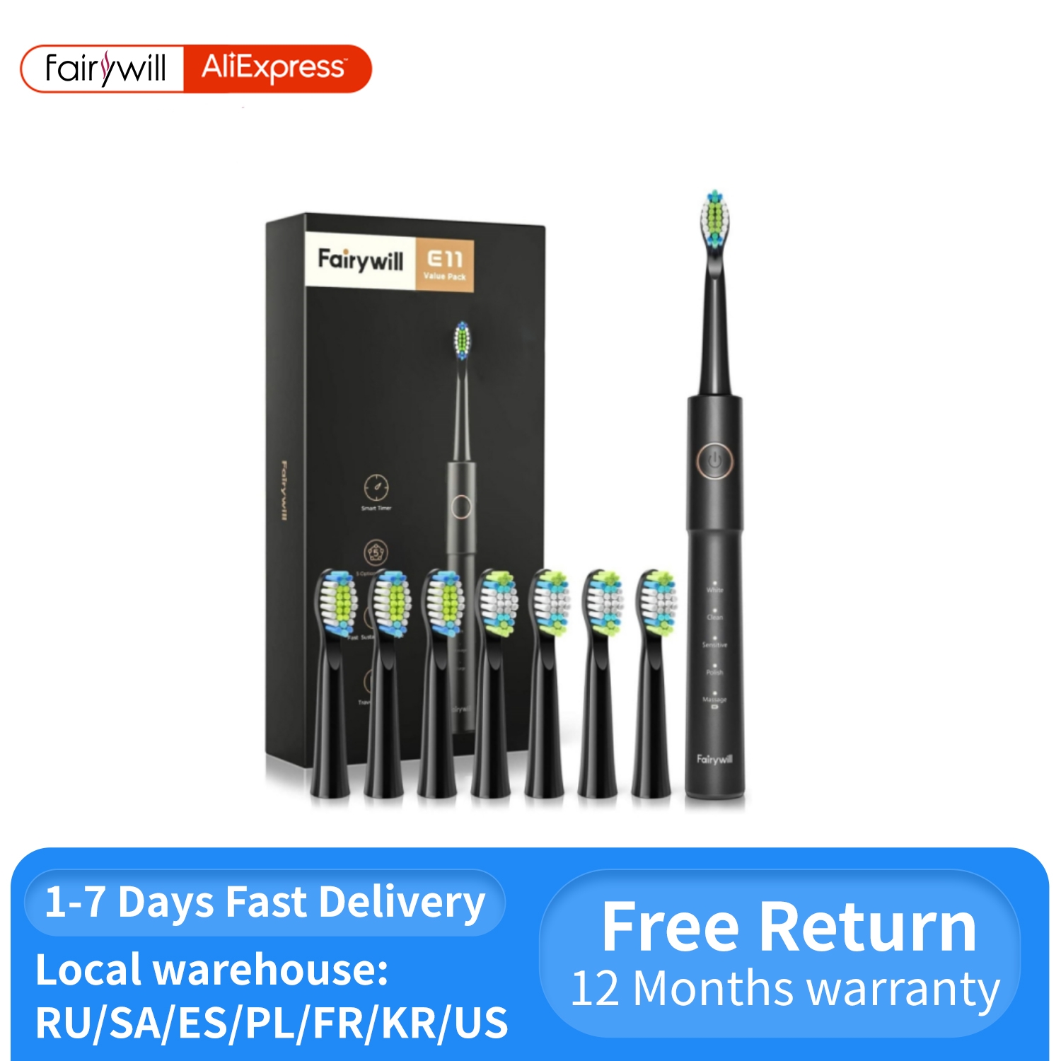 Fairywill-cepillo de dientes eléctrico sónico E11, resistente al agua, carga USB, recargable, 8 cabezales de repuesto para adultos