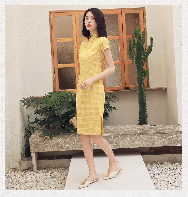 Vestido de primavera a cuadros de estilo chino, ajustado