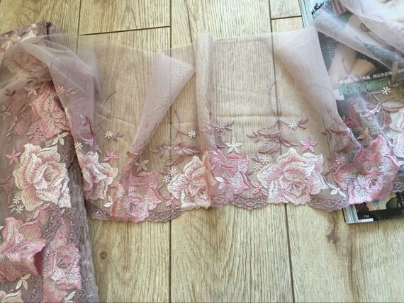 Roze Geborduurde Bloemen Kant Trim, Tule Kant Trim Met Gekleurde Borduurwerk, dusty Roze Mesh Kant Met Roze Pioen Roos, Beha Kant