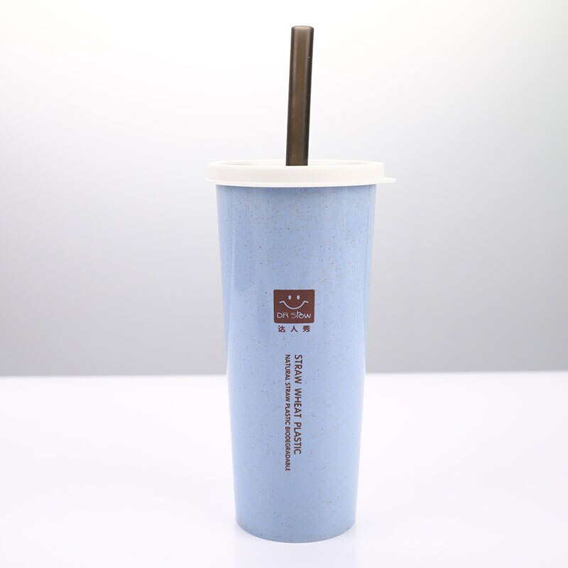 Cup Water Cup with Straws Double Lid Portable Hand Cup Wheat Straw Cola Coffee Plastic Travel Cup Drinking Cup Home Office: BL