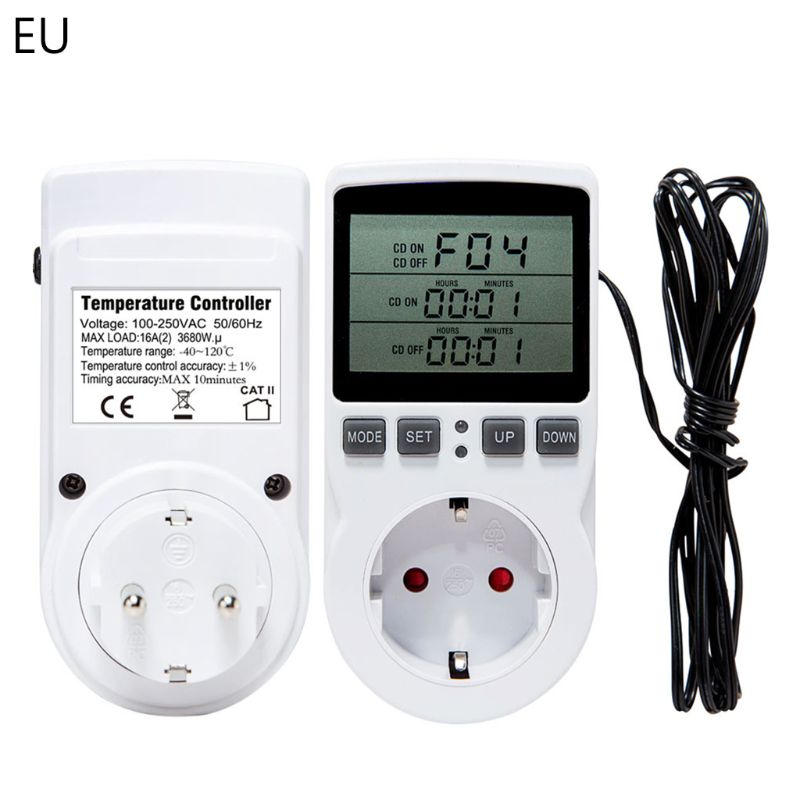 Multi-Function Thermostat Digital Temperature Controller Socket Outlet w/ Timer Switch Sensor Probe Heating Cooling 16A: EU
