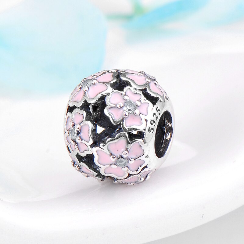 925 Sterling Silver CZ pink Enamel sparing flowers Bead Fit Original European Charm Bracelet Jewelry making