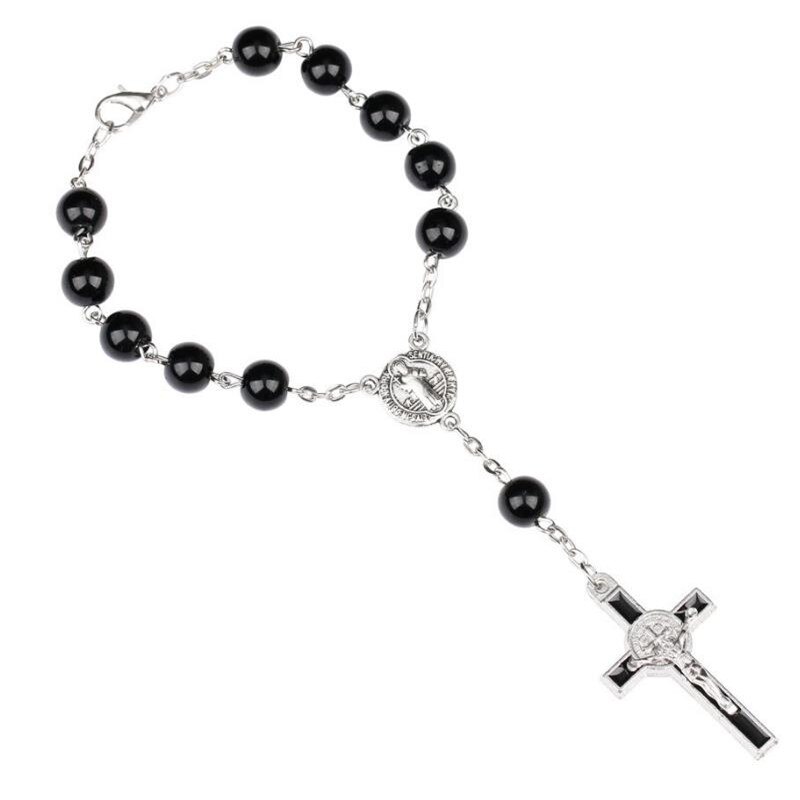 CR77 10pcs Vintage Black Beads Catholic One-Decade Rosary Glass St Benedict Connectors INRI Crucifix Bracelet Statement