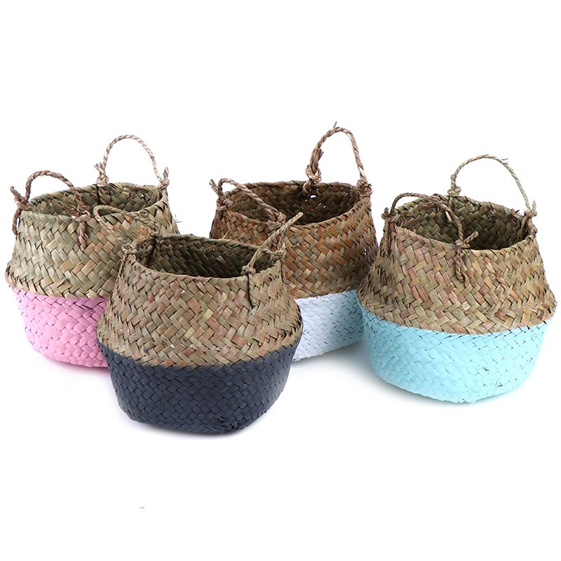 Mini Bambus Lagerung Körbe Faltbare Wäsche Stroh Patchwork Weide Rattan Seegras Bauch Blumentopf Pflanzer Handgemachte Korb