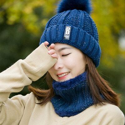 Neck warm Balaclava knitted winter hat Big Fur pom poms ball Knitted hats scarf set women Beanie Hat thick Skullies female cap: navy Hat and Scarf
