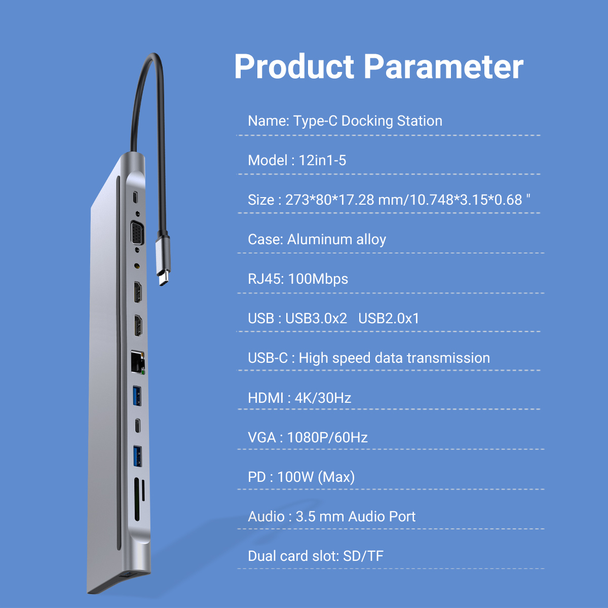 12 In 1 USB-C Docking Station, Aluminum Shell Type-C HUB With HDMI*2+PD 100W+USB 2.0/3.0+SD+TF+RJ45+VGA For Mobile Phone，Laptop