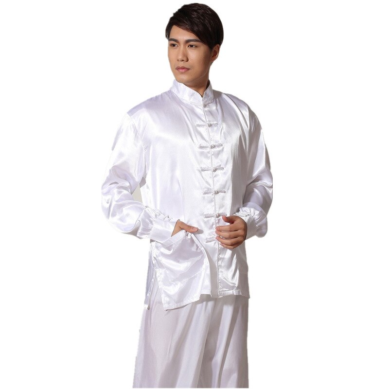 Chinese Year Clothing for Men Satin Solid Long Sleeve Kung Fu Costumes Traditional Cheongsam Top Pant Clothes Set: White / M
