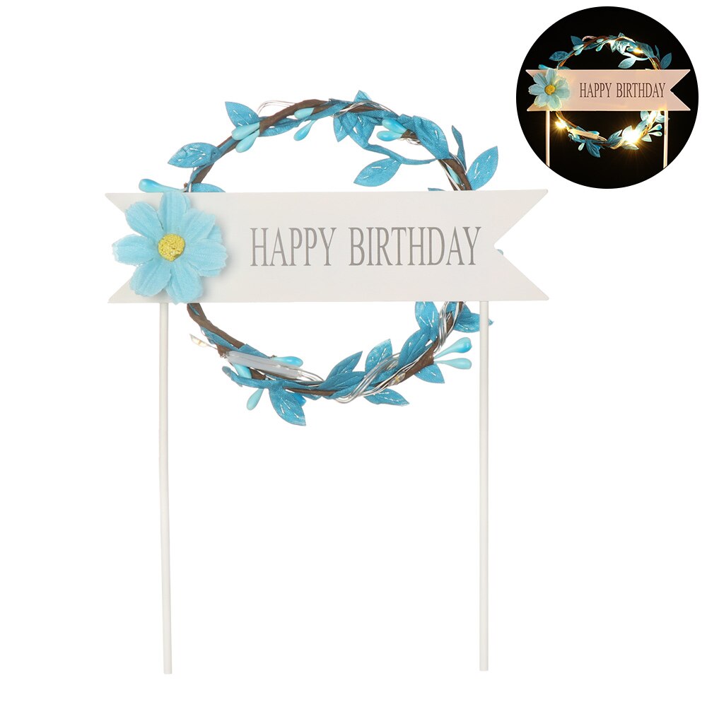 LED Cake Topper Glowing Artificial Garland Cake Topper For Happy Birthday Party Cake Decoration Flower Daisy Year: blue / NO LED