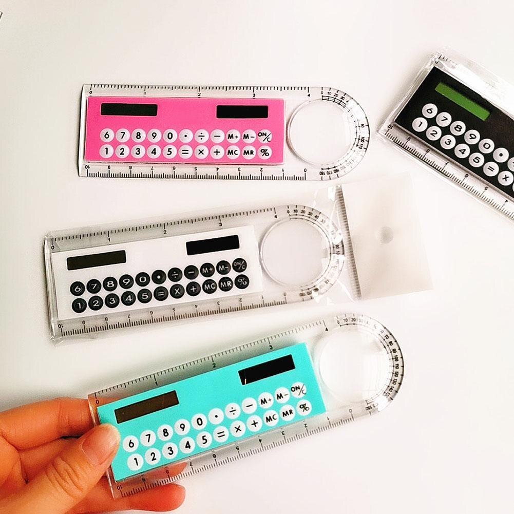 Mini Ultra-thin Straight Ruler With Solar Calculator Supplies Magnifier 10cm Office Calculator Multifunction School I7B8