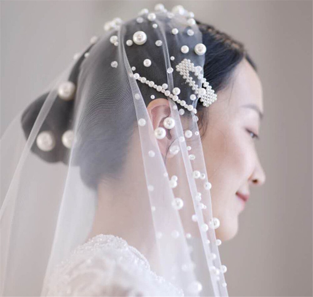 Velo de novia largo de una capa, longitud de catedral de boda con borde de perlas, velo de tul de Noiva con cuentas de marfil sin peine, 3x3 metros