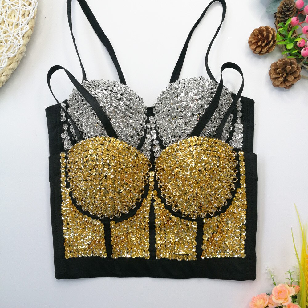 Soutien-gorge Bralette Push Up pour femme, Corset Sexy, brillant, perles, paillettes, boîte de nuit, haut court, vêtements