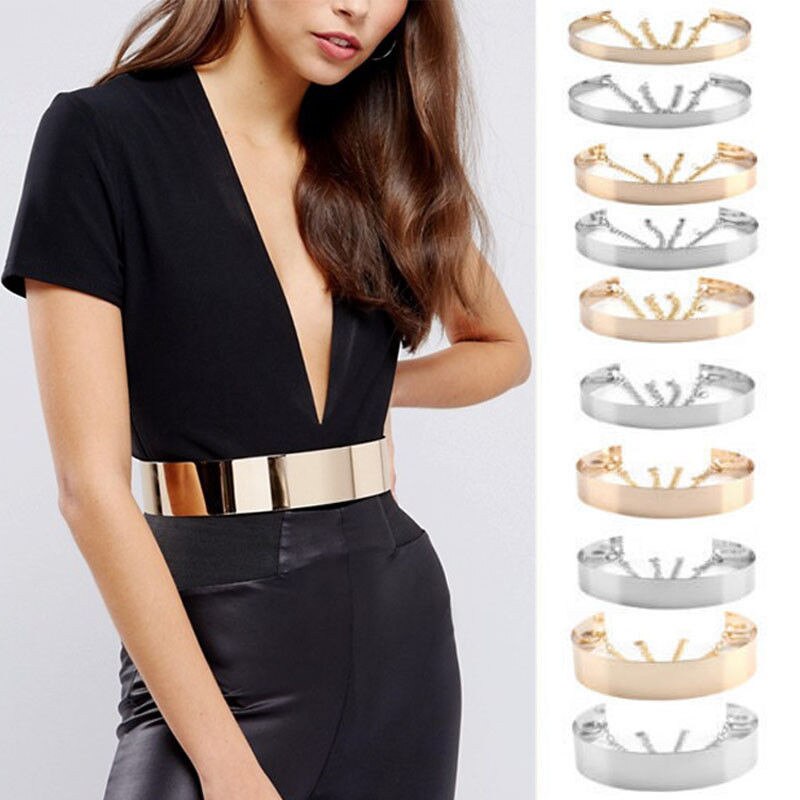 Womens Gold Plate Full Metal Mirror Waist Belt Metallic With Chains Belt