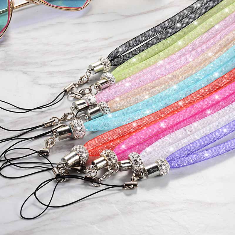 Long Rhinestone fishing net lanyard flash drill mobile phone hanging neck rope crystal diamond fishing net lanyard hanging